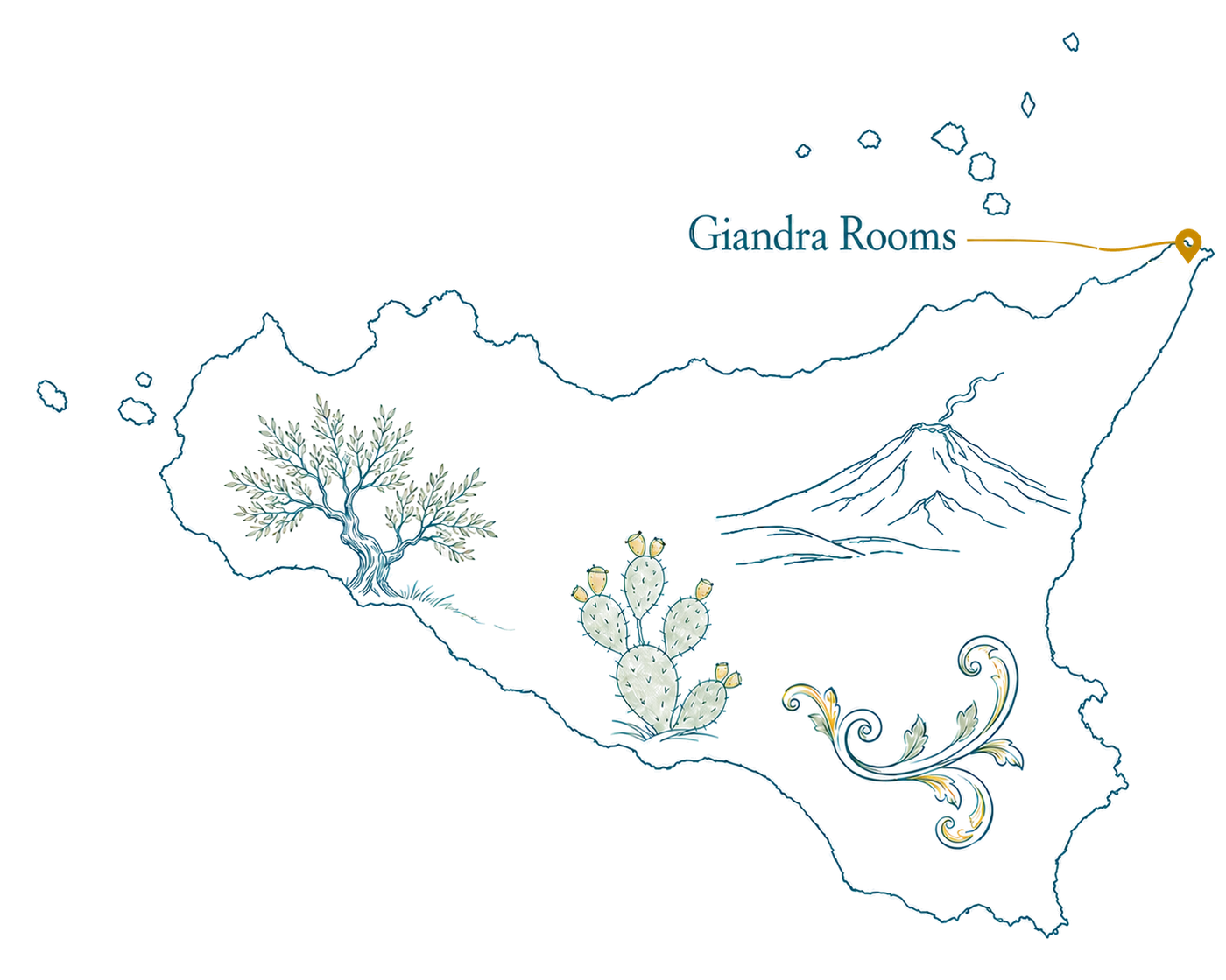 La Sicilia disegnata a mano, con Giandra Rooms segnata sulla punta nord-orientale, sullo Stretto di Messina
